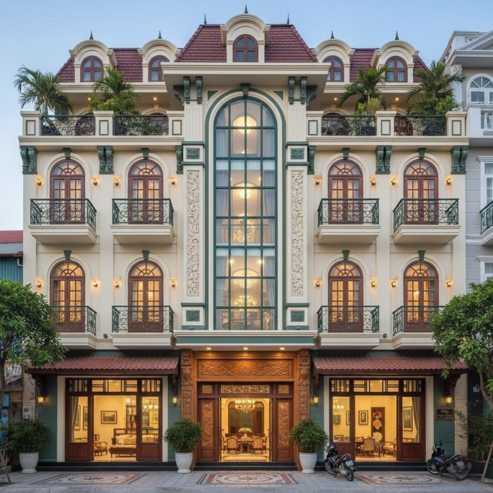 50+ mẫu thiết kế khách sạn mini kiến trúc độc đáo, tiêu chuẩn quốc tế 3 Khách sạn mini 7x20 phong cách Indochine