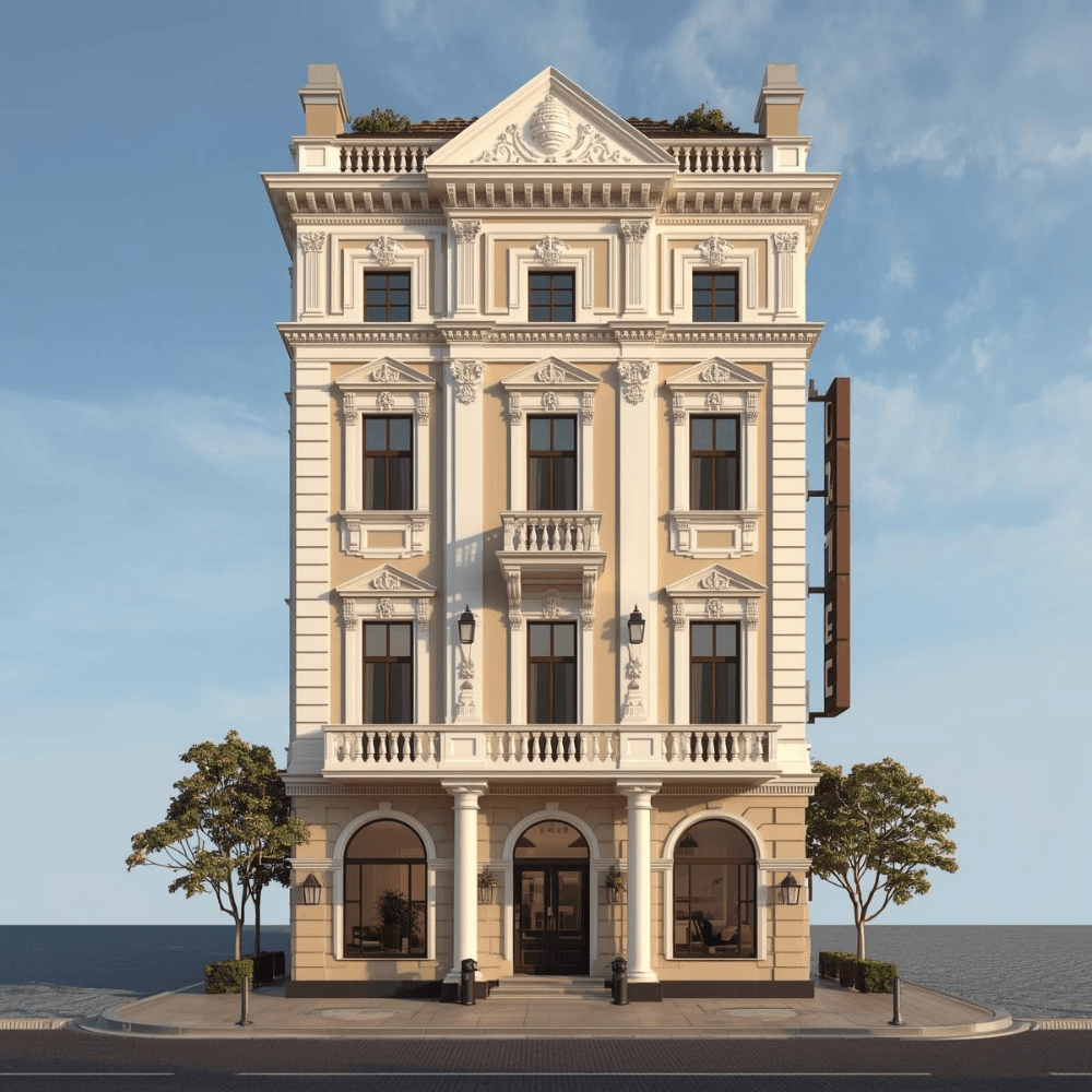 Mẫu nhà nghỉ mặt tiền 10m cổ điển mini