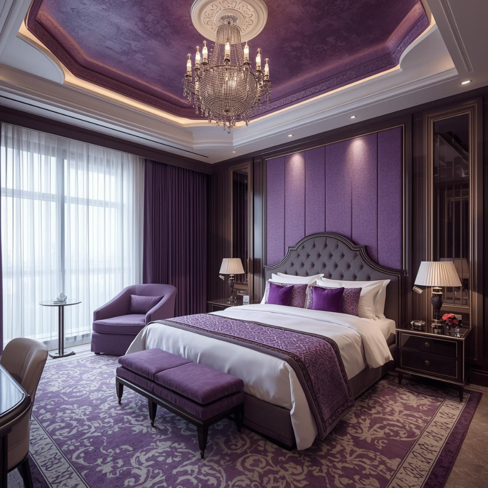 Nội thất phòng khách sạn: Bí quyết tạo không gian đẳng cấp thu hút khách hàng 24 Phòng khách sạn có chiều sâu với dải màu tím khác nhau