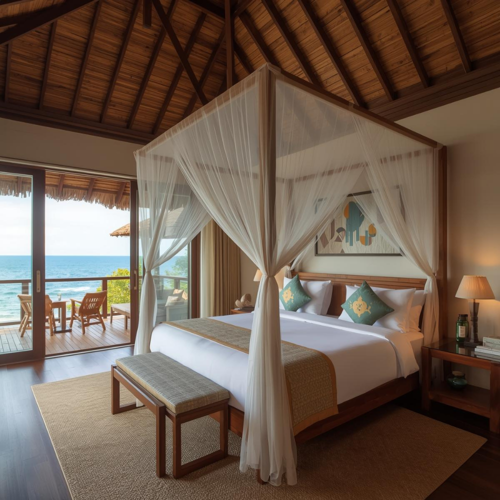 Nội thất phòng khách sạn: Bí quyết tạo không gian đẳng cấp thu hút khách hàng 31 Phòng cao cấp kết hợp giường và bàn phong cách nhiệt đới