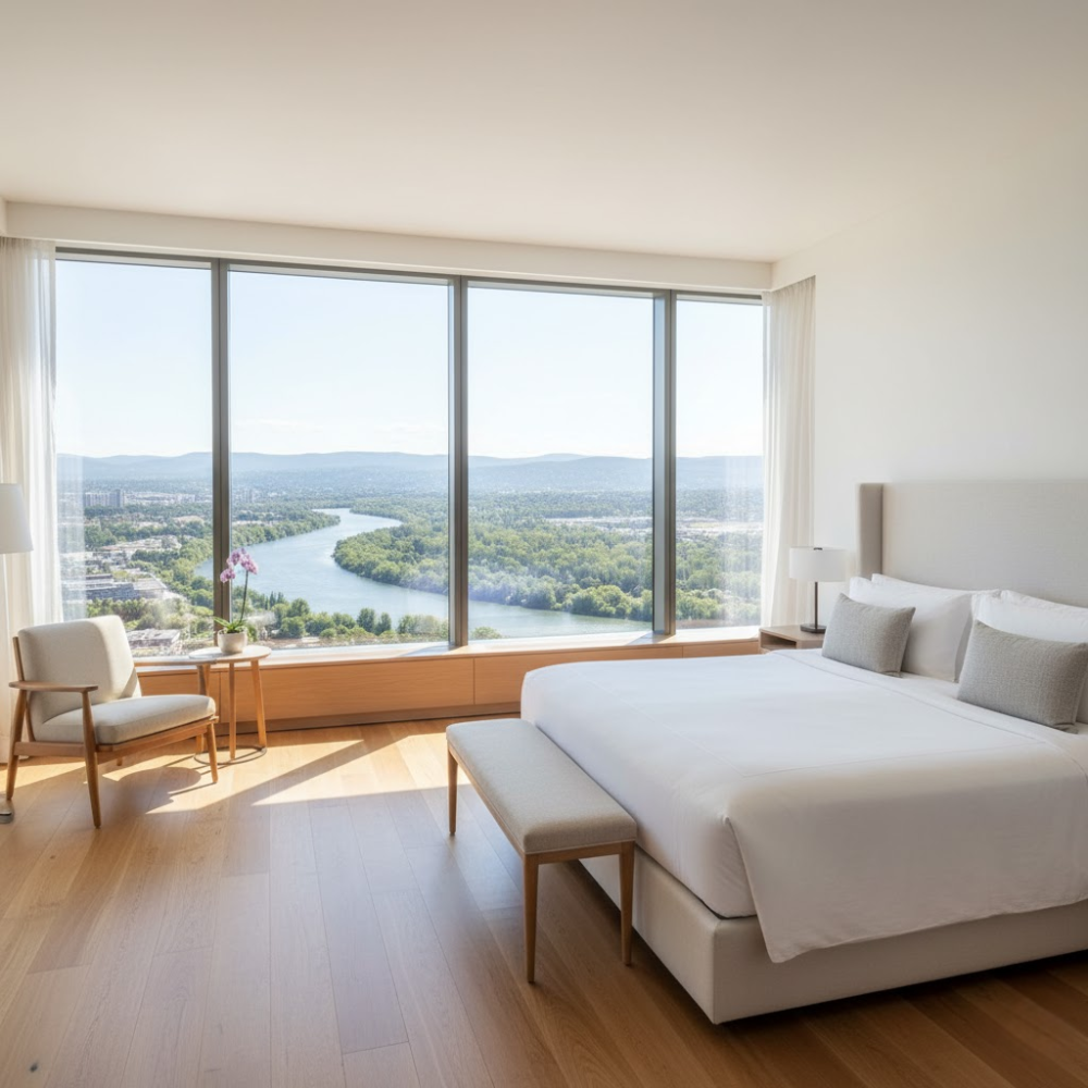 Nội thất phòng khách sạn: Bí quyết tạo không gian đẳng cấp thu hút khách hàng 11 Phòng nội thất cao cấp với cửa sổ lớn view sông