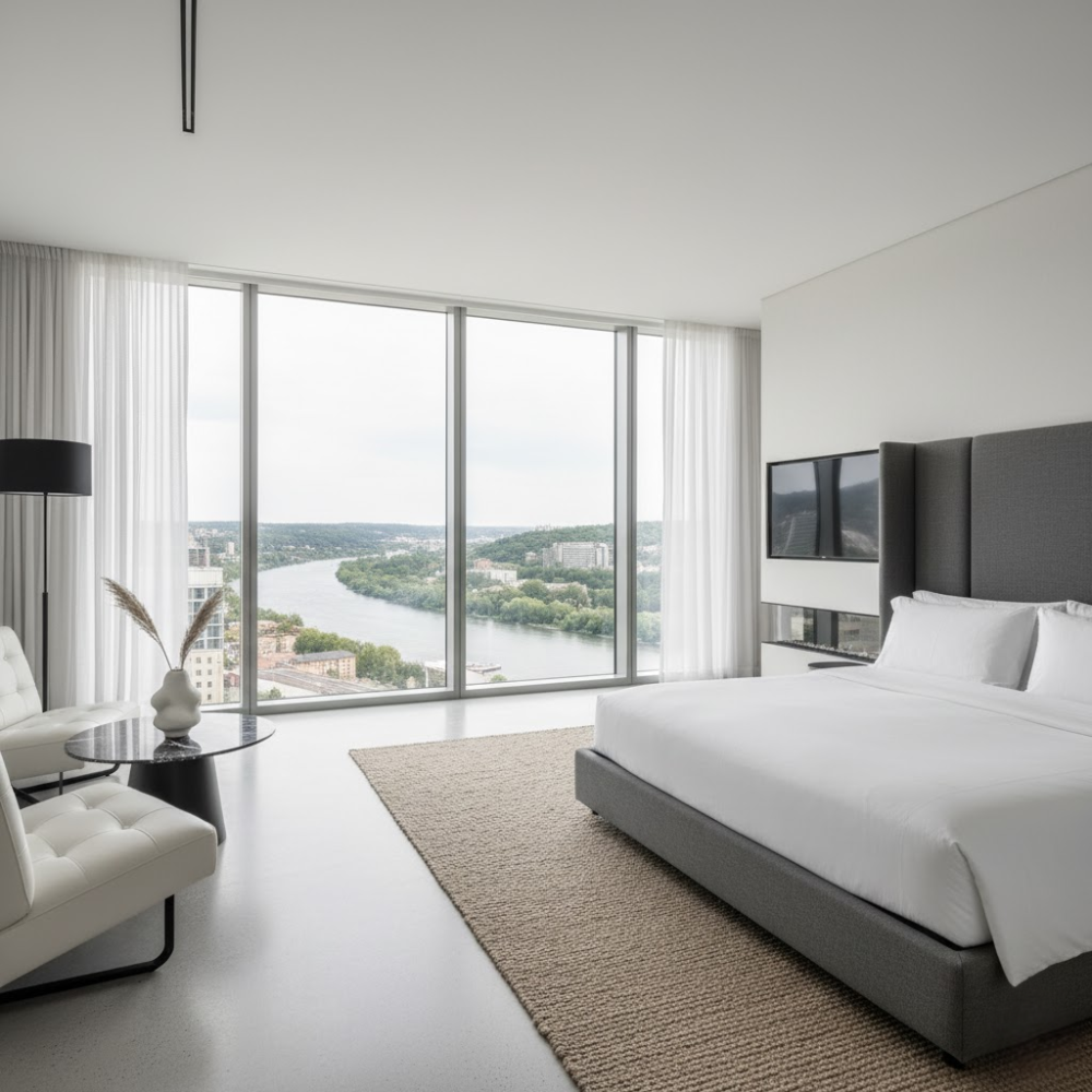 Nội thất phòng khách sạn: Bí quyết tạo không gian đẳng cấp thu hút khách hàng 10 Phòng nội thất cao cấp với cửa sổ lớn view sông