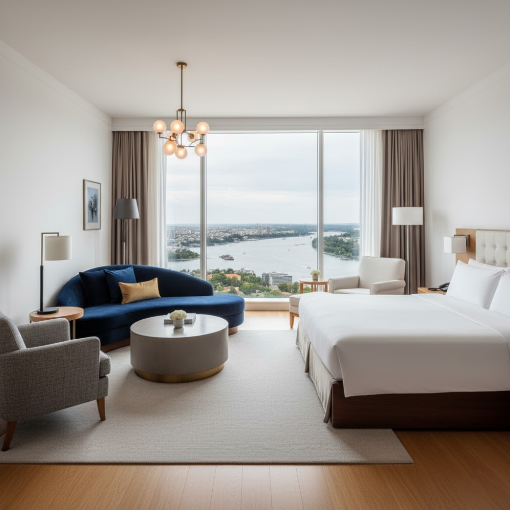 Nội thất phòng khách sạn: Bí quyết tạo không gian đẳng cấp thu hút khách hàng 12 Phòng nội thất cao cấp với cửa sổ lớn view sông